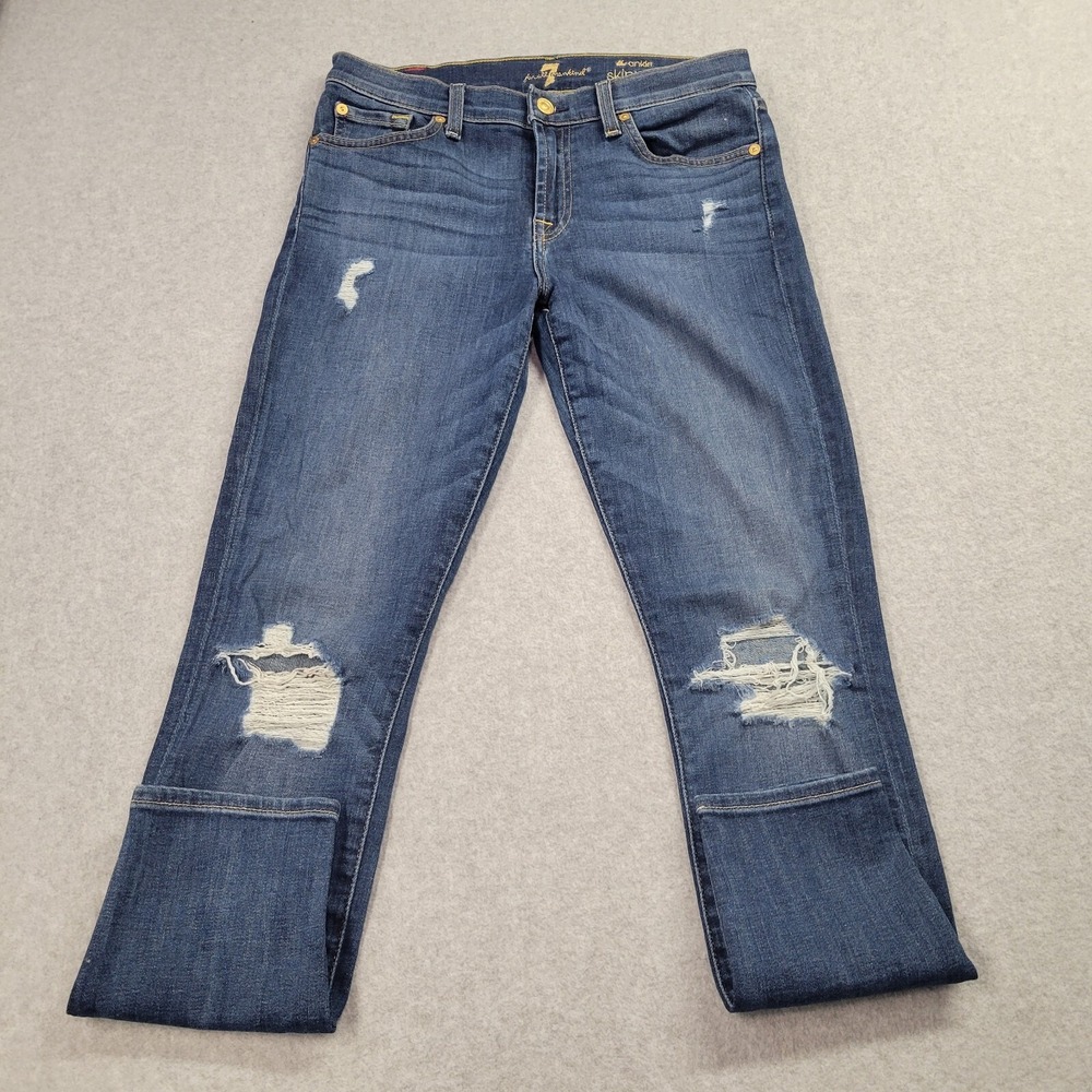 7 For All Mankind The Ankle Skinny Distressed Jeans Womens 28 Blue Stretch Denim